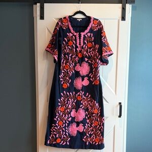 Frances Valentine Navy Dress with Pink and Orange Embroidery
